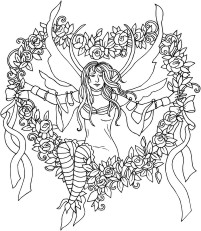 Fairy swinging on a heart shaped wreath of flowers