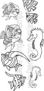 Set of six fish and two seahorses