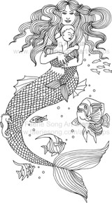 Mermaid Mother cradling a tiny Mermaid Baby