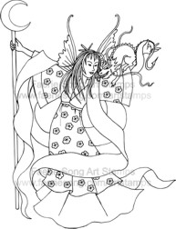 Oriental Priestess holding crescent staff with small dragon on her shoulder
