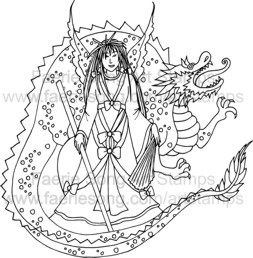 Oriental warrior process holding staff with dragon behind her