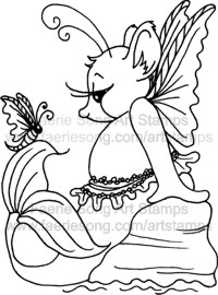 Mermaid Fairy mouse seated on a rock with butterfly friend both drying their wings