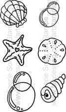 Set of 6 small stamps - Shells, starfish, bubbles