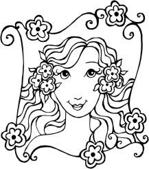 Pretty girl with flowers in her hair, surrounded by a border of flowers