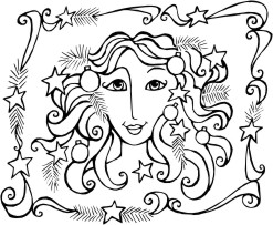 Goddess face with stars and pine branches in her hair, surrounded by a border of ribbons, stars and pine