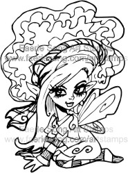 Kneeling Pixe with very large hat and long flowing hair